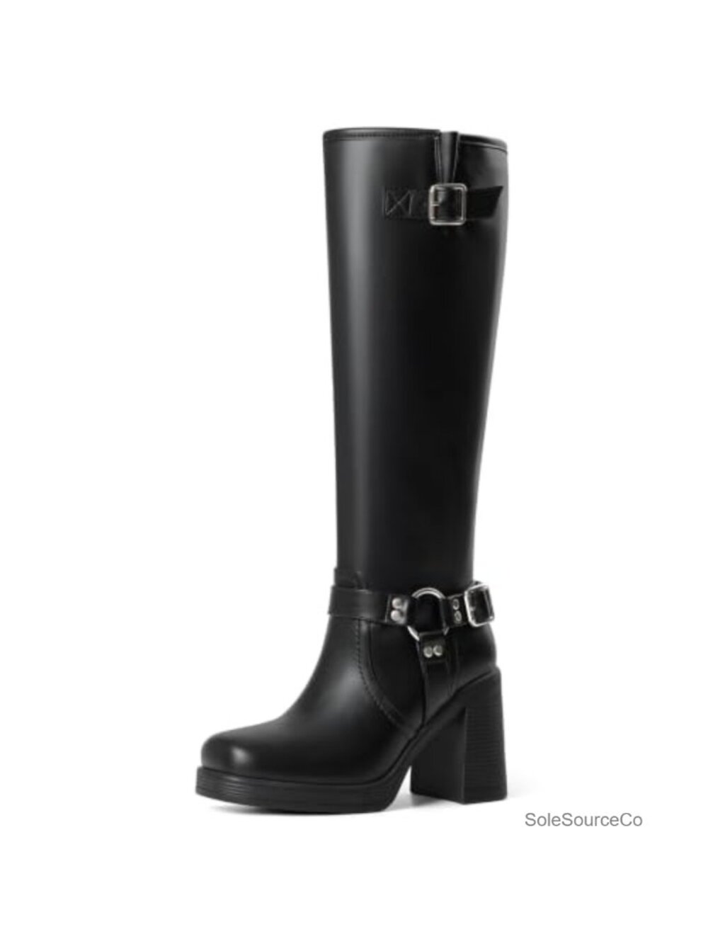 Square Toe Knee High Boots with Buckle and Chunky Heel